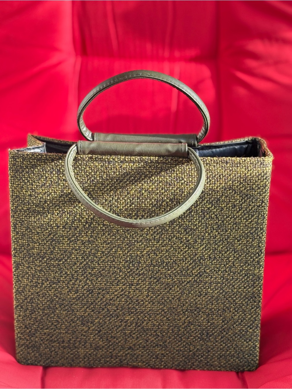 Vintage Tweed Olive Green Tote Bag Round Faux Leather Handles Black Vinyl Insert